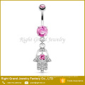 CZ Gems Hamsa Hand Dangle Belly Button Ring / Surgical Steel Navel Ring